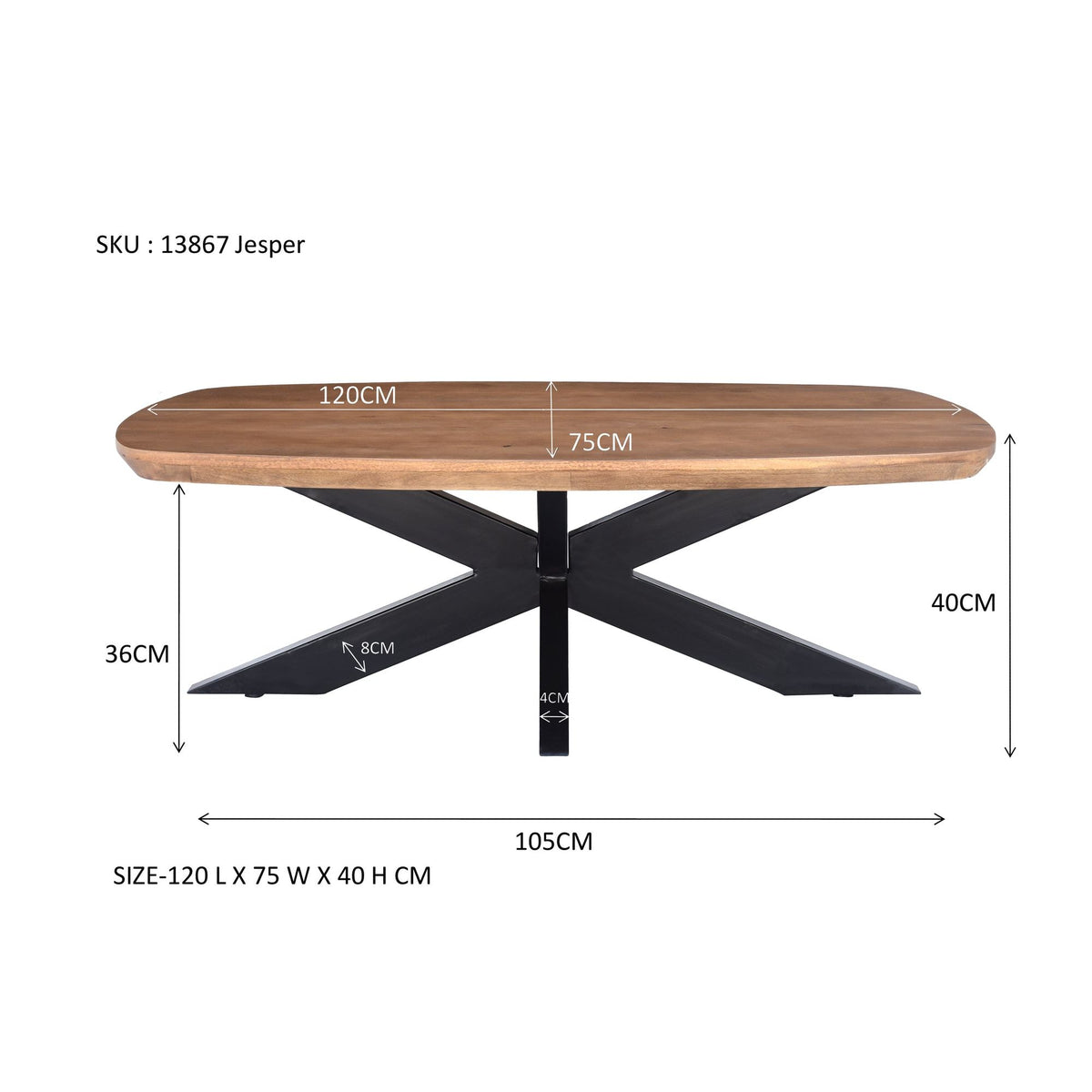 Afmetingen Salontafel Jesper 120cm: L120cm x B75cm x H40cm