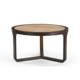 Salontafel Morris Travertin Ø75cm van Starfurn, rond travertin blad in een bruin mangohouten frame