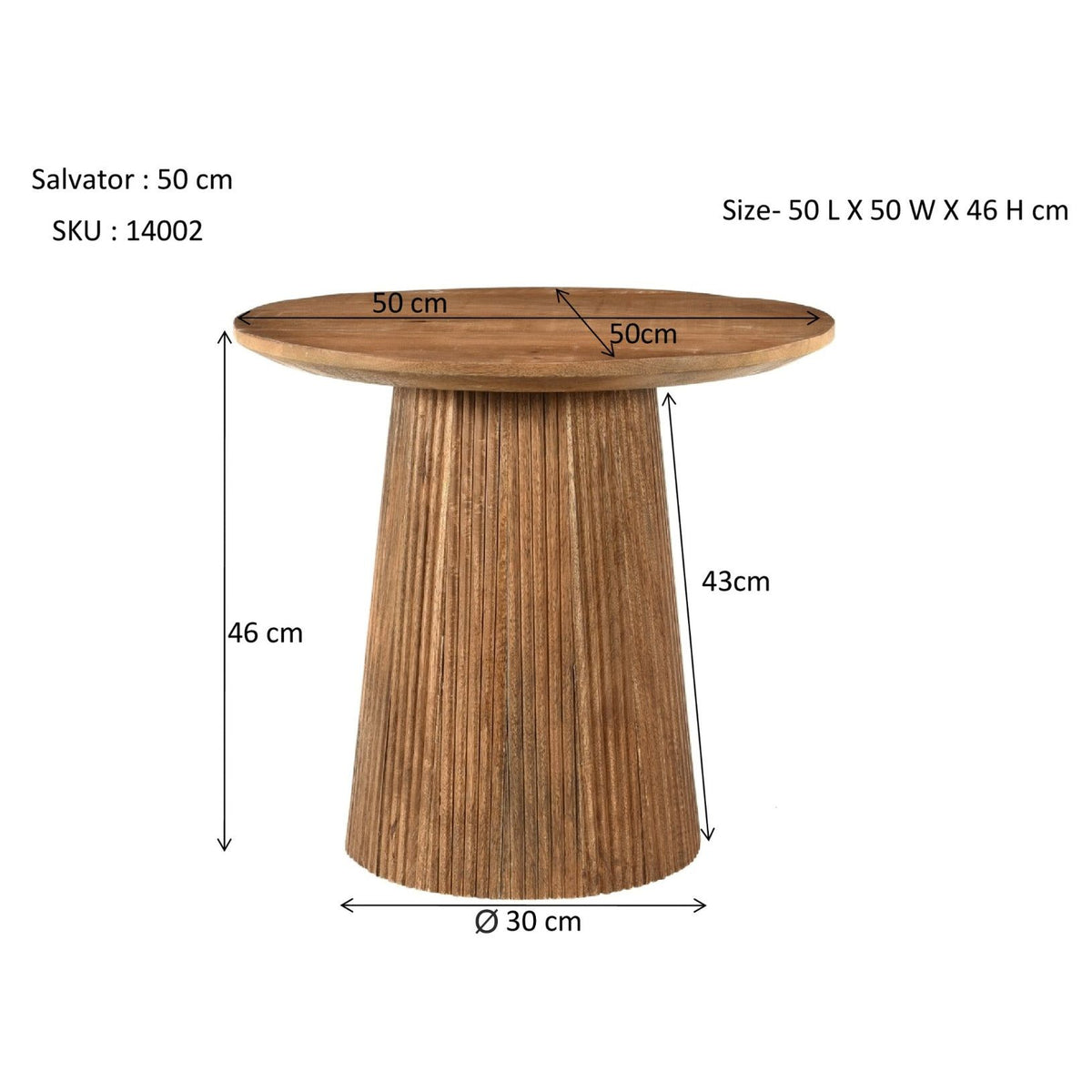 Maatschets van de Salvator salontafel met 50 cm doorsnee en 46 cm hoogte