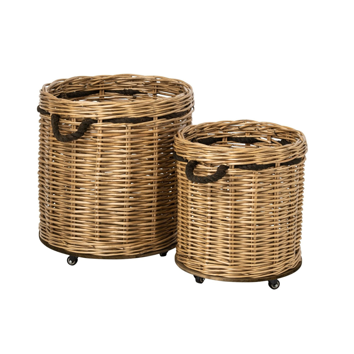 Lot de 2 Pots de fleurs sur roulettes Ronds Osier Naturel/Grège J-Line