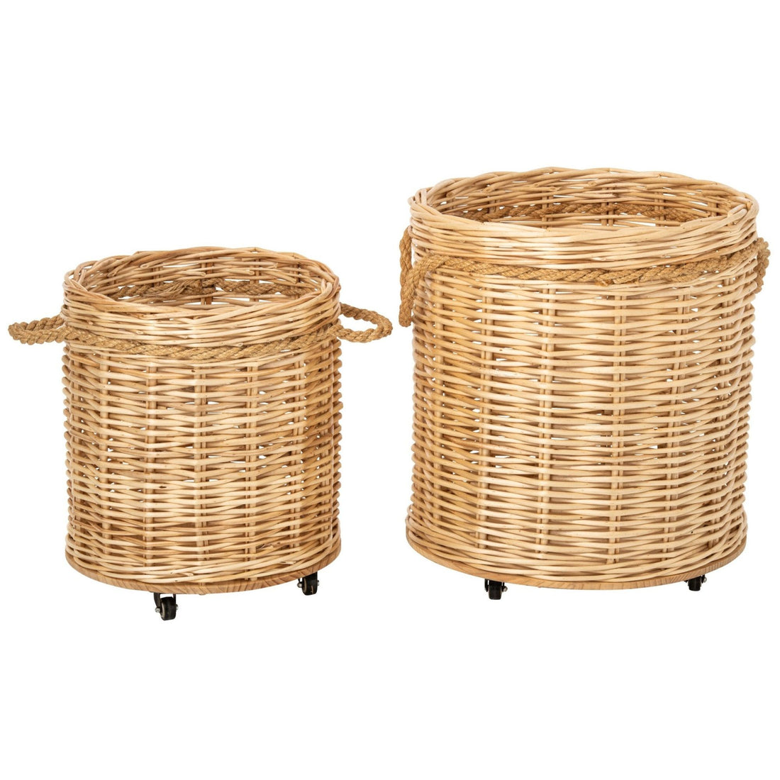 Lot de 2 pots de fleurs ronds en osier naturel sur roulettes J-Line