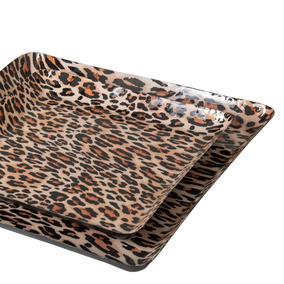 Lot de 2 plateaux Leo carrés imprimé léopard métal caramel/noir J-Line