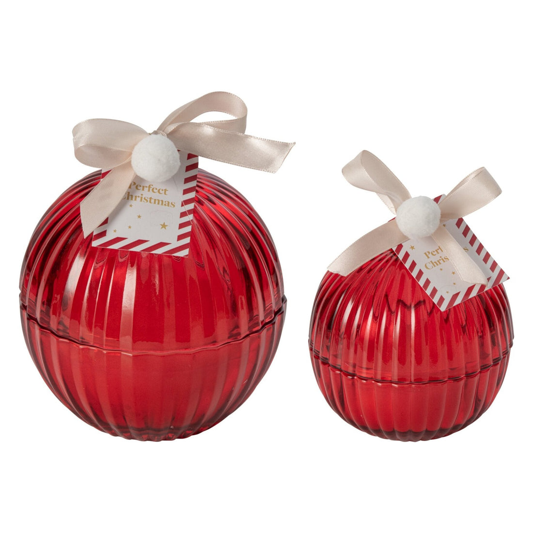 Set Van 2 Kaarsen Kerstbal Glas Kerstrood van J-Line, de complete set met beide maten naast elkaar op witte achtergrond