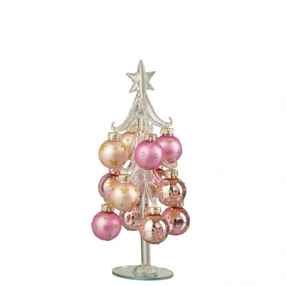 Kerstboom + Ballen Roze/Transparant Small uit de set van J-Line, glazen boompje van 21 cm met roze balletjes