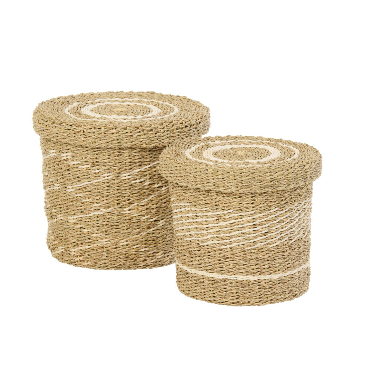 Lot de 2 paniers + couvercles en papier rayé blanc/naturel J-Line