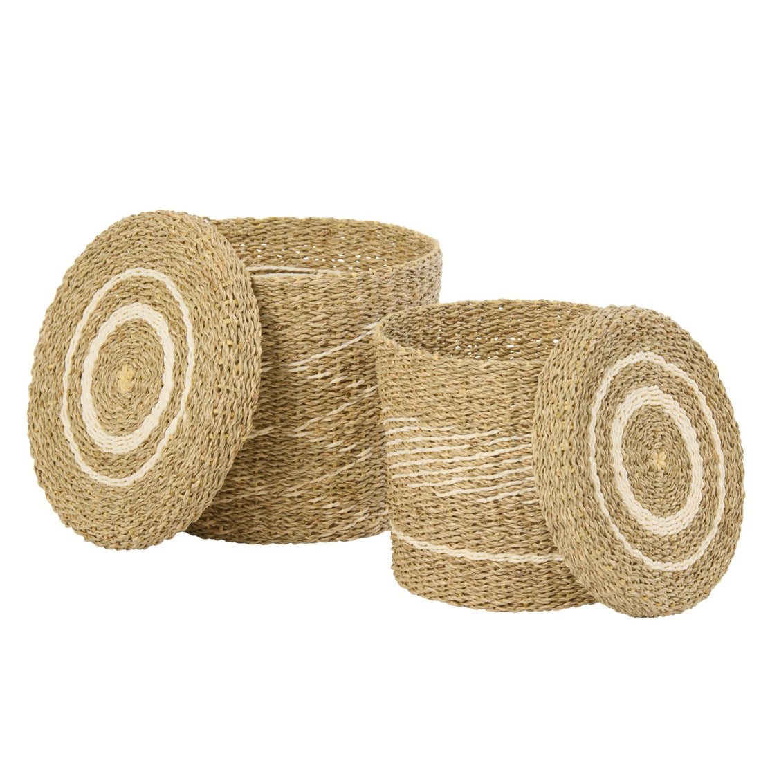 Lot de 2 paniers + couvercles en papier rayé blanc/naturel J-Line
