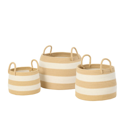 Lot De 3 Paniers Avec Poignée Ronds Rayés Polyester Naturel/Blanc J-Line