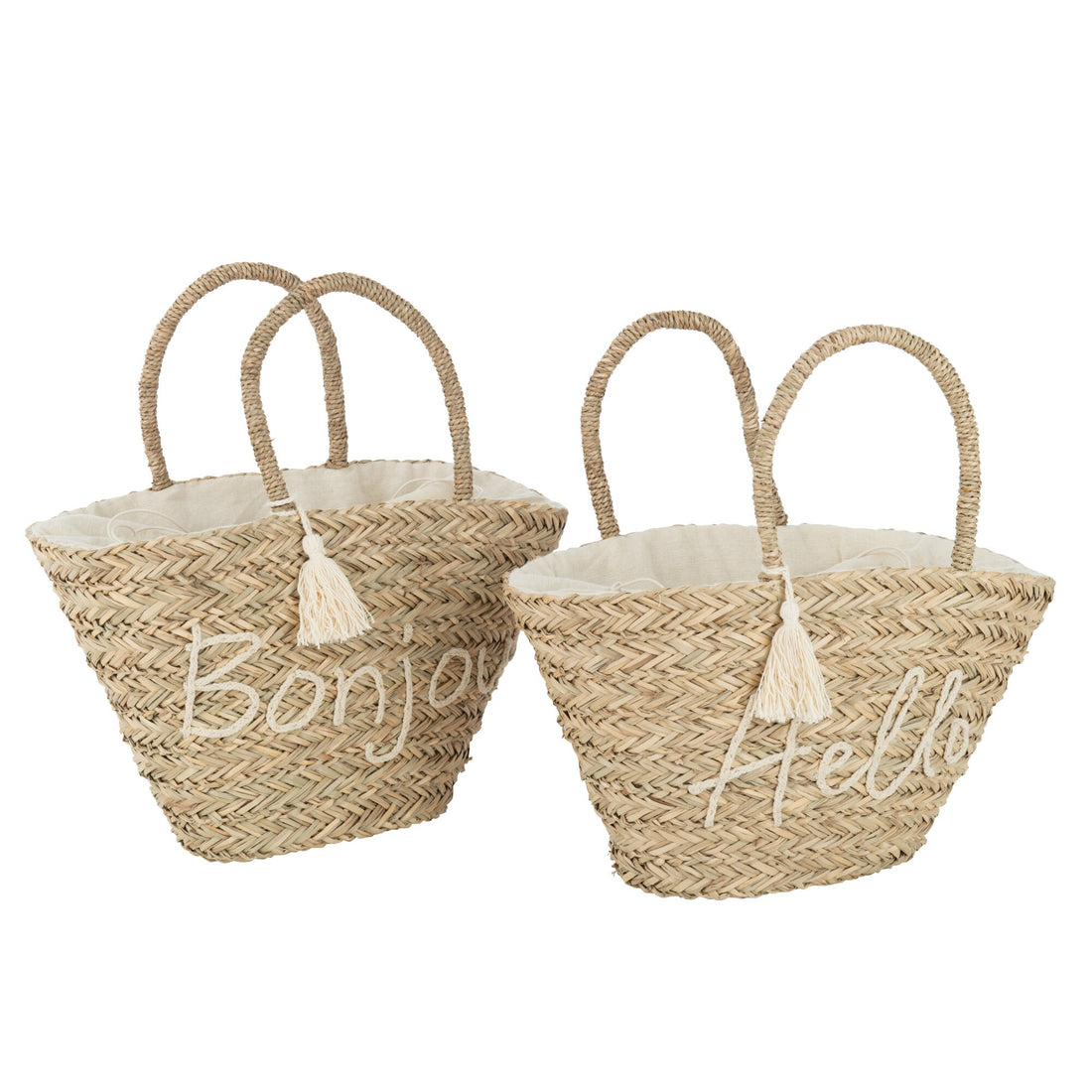 Sac de plage Bonjour/Hello à pompon en jute naturel/blanc, assortiment de 2 J-Line