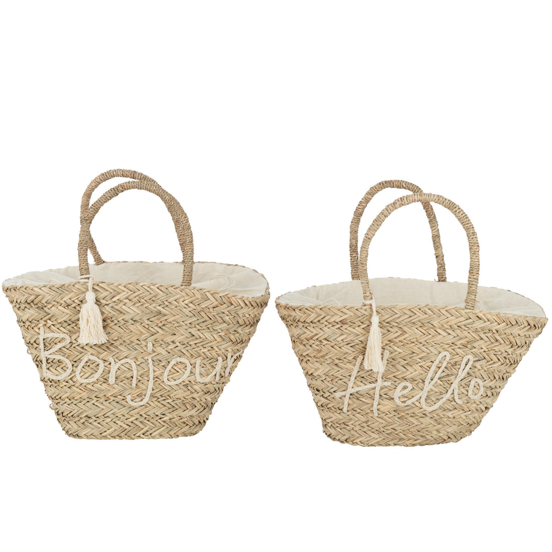 Sac de plage Bonjour/Hello à pompon en jute naturel/blanc, assortiment de 2 J-Line