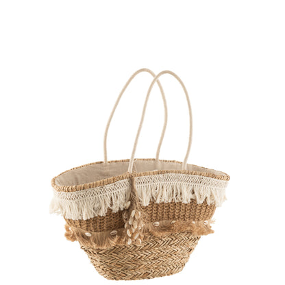Sac de plage en paille à pompons en jute naturel/écru J-Line