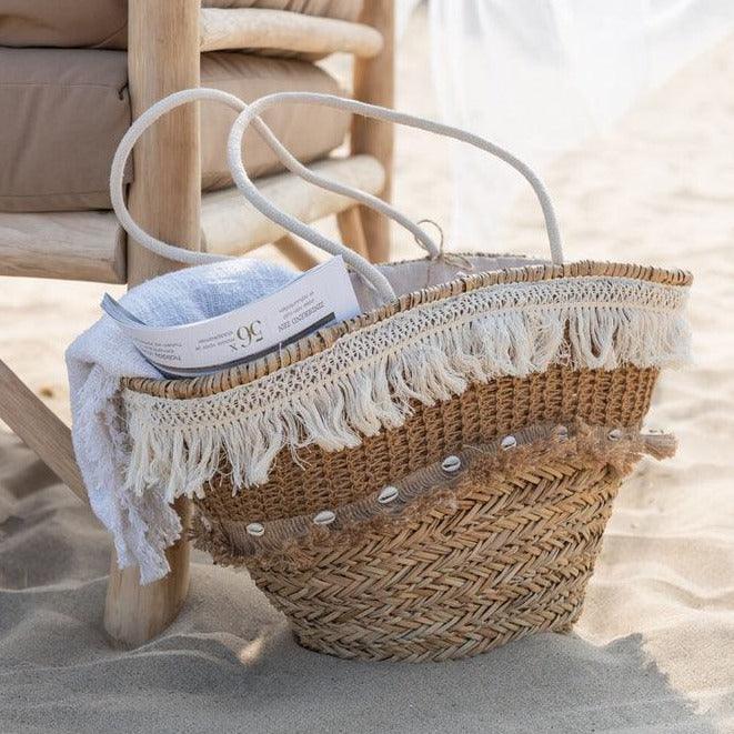 Strandtas Riet Kwastjes Jute Naturel/Ecru - Tas - J-Line - livinglovely.nl