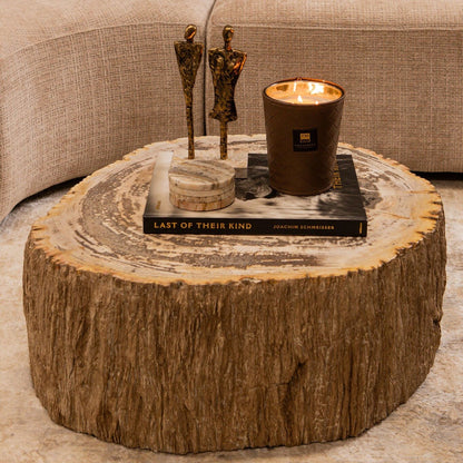 Taly Koffietafel Small van PTMD, ronde salontafel met boomstamstructuur gestyled met kaars en dienblad