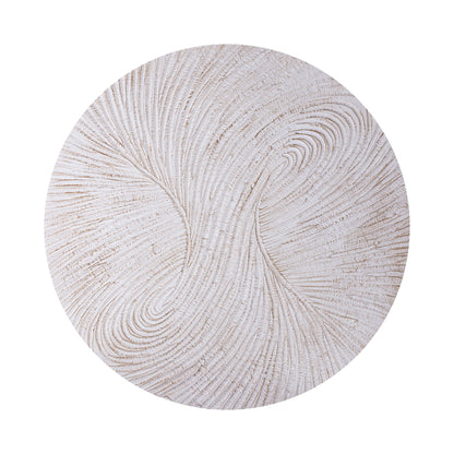 Wandpaneel Wiktor Rond Wit Ø120cm van PTMD, vooraanzicht van het witte MDF paneel met swirlreliëf