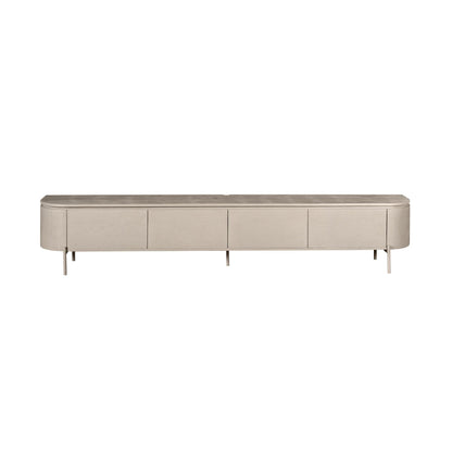 Zwevend TV-meubel Excellent Taupe 240cm van Starfurn op metalen pootjes, vooraanzicht